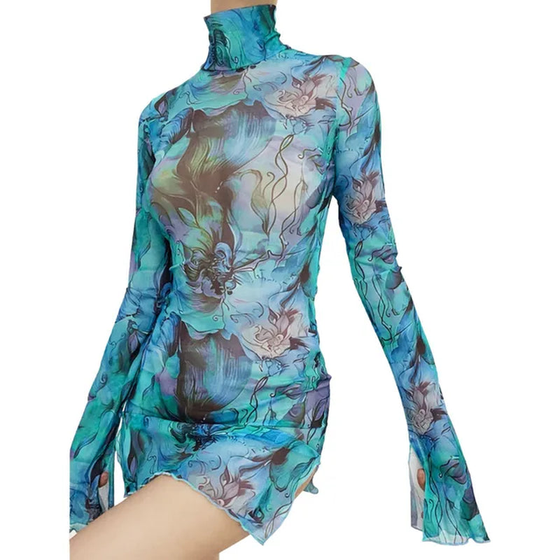 Women'S Dresses Free Shipping Ladies Mesh Printed round Neck Bell Sleeve Side Open Hip Dress Sexy Stretch Slim Mini Skirt Y2K